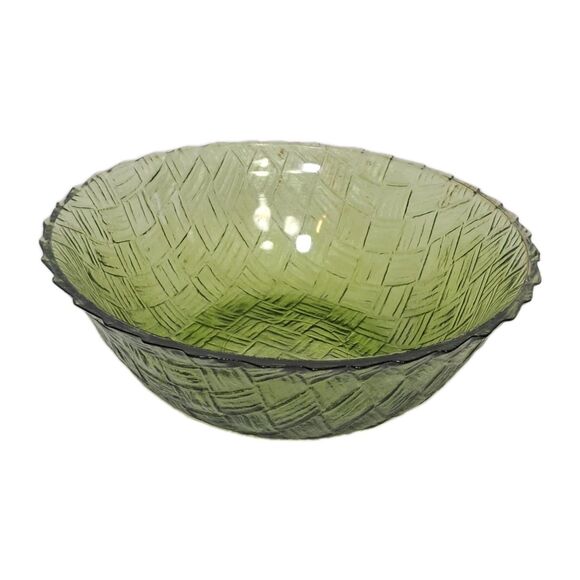 Vtg 50's Indiana Pressed Glass Green Basket Weave Salad Snack Serving Bowl 9" - Picture 1 of 6